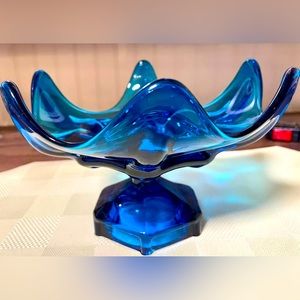 Vintage Viking Art Glass Bluenique Compote Stretch 6 Fingers Bowl 8.25” Wide